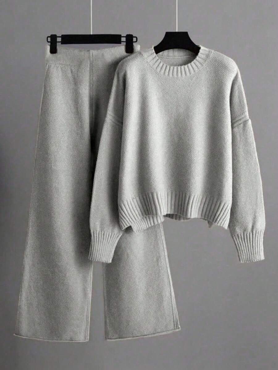 Franclia Women's Solid Color Round Neck Drop Shoulder Long Sleeve Sweater And Wide Leg Pants Casual Suit, Autumn/Winter