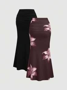 Sweetra 2件套女士优雅派对纯色美人鱼裙和花卉印花裙套装 - 彩色 - 查看 2