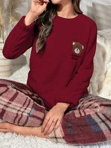 SHEIN Women's Cartoon Bear Embroidery Crew Neck Long Sleeve Top And Patch Fleece Pants Fluffy Pajama Set Plaid Pants Cute Lounge Set Cozy Sets Women Teddy Bear Fluffy Pajama Set Burgundy Fluffy Pajama Set, Winter Clothes, Christmas - Red - View 4