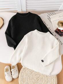 SHEIN 2pcs/Set Back To School Young Boys' Brown & Khaki Textured Loose Pullover Sweaters, Versatile For Casual Wear, Home, School - Black and White - View 4