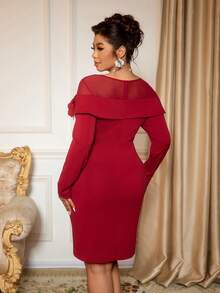 Cravure Plus Size Elegant French Nobility Style Round Neck Side 3D Floral Decor Fitted Dignified Long Sleeve Dress, Suitable For School Season, Graduation, Holidays, Valentine's Day, Christmas, Music Festival, Mother's Day, Halloween, Thanksgiving, Easter, National Day, Prom, Date Party, Wedding Season, Outdoor Activities - Burgundy - View 2