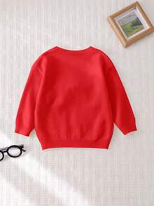 Cozy Pixies Baby Girl Colorblock Bow Decor Round Neck Drop Shoulder Pullover Sweater, Casual & Versatile For Autumn/Winter - Red - View 2