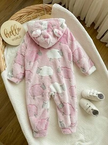 SHEIN 新生女宝宝可爱毛绒卡通图案连帽连体衣，秋冬季 - 粉色 - 查看 7