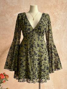 Dreamara Plus Size Women Classic Mesh Flocked V-Neck Long Sleeve A-Line Mini Dress - Green - View 7