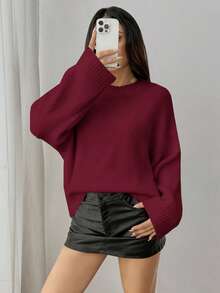 SHEIN PETITE 女士纯色V领宽松红色针织毛衣，适合圣诞节和新年，娇小身材，秋冬季女装，秋季女装，冬季女装 - 酒紅色 - 查看 9