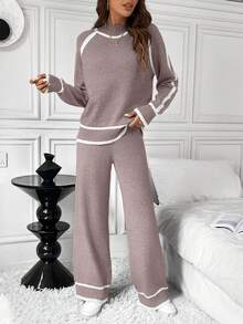 SHEIN LUNE 2件套女士休闲宽松撞色毛衣套装 - 藕粉色 - 查看 7