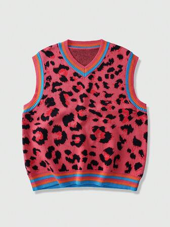 Street Life Herren Lässige Leoparden-Muster Kragen V-Ausschnitt Pullunder, Herbst/Winter