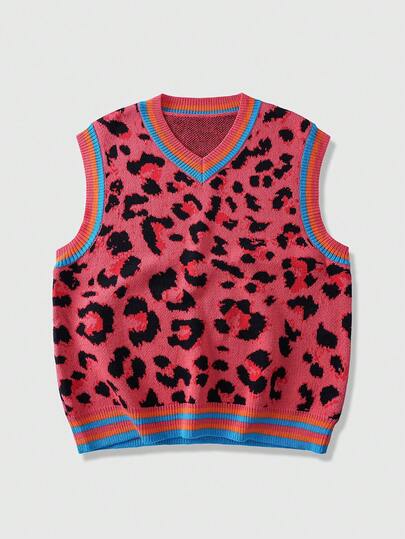 Street Life Men's Casual Leopard Print Trim V-Neck Sweater Vest, Autumn/Winter