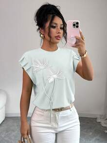 Elenzga Ladies' Summer And Autumn Cute Contrasting Three-Dimensional Flower T-Shirt - Mint Blue - View 3