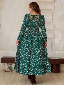 Roveilla Plus Size Elegant Ditsy Floral Long Dress,Women's Dark Green Long Sleeve Bohemian Maxi Dresses,Autumn Cottagecore Floral Print Tea Party Dress - Multicolor - View 3