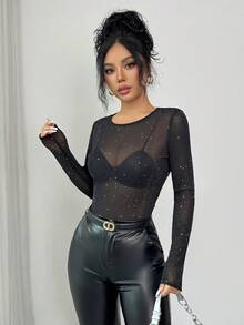 SHEIN PETITE 娇小女装时尚休闲亮片圆领长袖紧身性感网纱上衣 - 黑色 - 查看 5