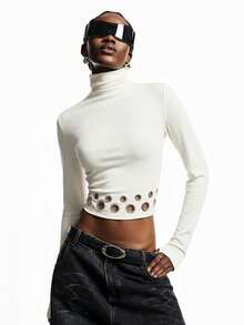 LYSMO 2025新款极简秋冬女式修身高领短款长袖上衣，饰有醒目的金属孔眼下摆，前卫都市酷炫风格，吸睛单品，显瘦显瘦，派对吸睛，性感女孩必备，前卫设计，引领时尚潮流，杏色上衣 - 杏色 - 查看 6