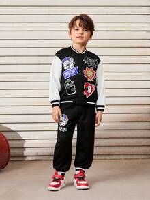 Popeye X SHEIN Set de 2 piezas: Chaqueta de béisbol holgada con estampado de insignia vintage y pantalón de chándal para niño pequeño, para otoño/invierno - Blanco y Negro - Ver 2