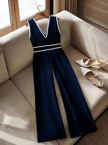 GlowEve CURVE 大码优雅通勤拼色无袖连体裤 - 藏蓝色 - 查看 2