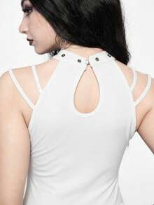 ROMWE Goth Women's Fashion Punk Patchwork Fishnet Halter Bodycon Split Midi Dress - White - View 5