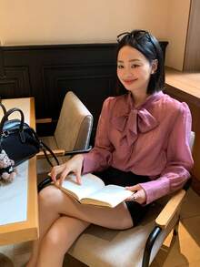 DAZY Women's Bowknot Cuff Long Sleeve Blouse, Elegant Korean Style - Pink - View 7