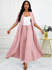 SHEIN Lady 女士优雅休闲通勤度假简约纯色长款开衫外套搭配宽松直筒裤两件套四季皆宜 - 藕粉色 - 查看 6