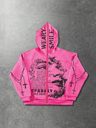 Street Life Sweat-shirt-shirt à capuche zippé avec imprimé croix et slogan pour hommes, automne/hiver