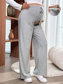 SHEIN Maternity Solid Color High Waist Drawstring Straight Loose Ribbed Pants Knit Pants Wide Leg Sweatpants Casual Pants For Women Flared Sweatpants - Grey - View 3