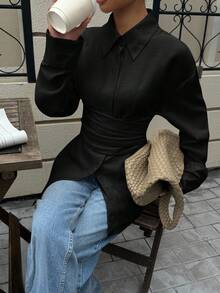 Siren Gaze Women's Solid Color Waist Cinching Long Sleeve Shirt, Autumn New Arrival,Black Top Winter Casual Spring - Black - View 6