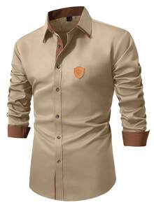 Manfinity Mode 男士撞色商务休闲长袖衬衫 - 卡其色 - 查看 3