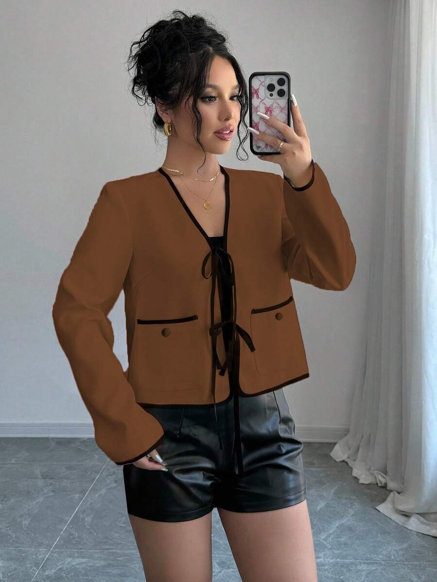 Selianne Autumn French Elegant Black Bowknot Strap Jacket,Short Cropped Contrast Trim Long Sleeve Top,Fashion Work Club Lightweight Jacket For Women - Brown - View 1