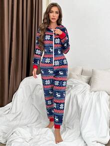 女士圣诞几何印花连帽连体衣，蓬松舒适家居连体衣，费尔岛冬季蓬松舒适羊毛驯鹿连体衣 - 藍色 - 查看 3