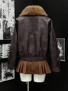 EgrlEra Chaqueta versátil de invierno con cuello de piel sintética, parches y cremallera, de manga larga y hombros caídos, de moda - Marrón - Ver 2
