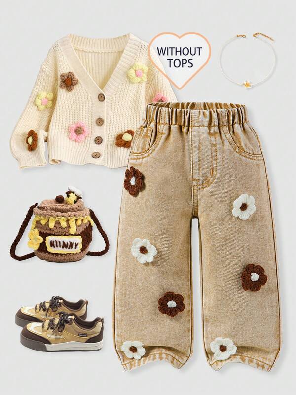 SHEIN Playful Pals Denimly Baby Girls Casual Urban Light Wash Fully Elastic Waist Heart Patch Embroidered Wide Leg Pants, Adorable Floral Crochet Decor, Beige & White Flowers Complement The Washed Denim Color, Warm Autumn/Winter Vibe With Spring/Summer Vibrancy