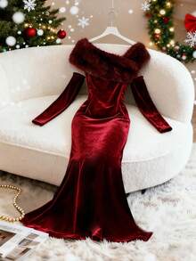 Franclia Women's Faux Fur Collar Fishtail Hem Fitted Elegant Dress