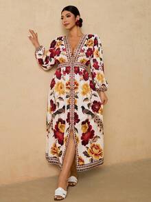 Travachic 大码女式黑红花卉印花长裙，V领长袖长裙，秋季连衣裙 - 彩色 - 查看 7