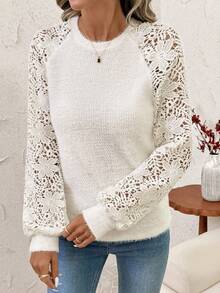 SHEIN Clasi Áo len nữ tay ren, thanh lịch cho các buổi tụ họp, tiệc tùng và Giáng sinh mùa thu đông dành cho nữ Áo len ren tay dài Giáng sinh dành cho nữ Áo ren dành cho nữ Áo thun ren năm mới mùa thu đông dành cho nữ - Màu be - Xem 3