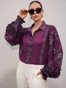 Aveloria Modichic Blusa elegante de manga larga con volantes de capa, estampado floral y contraste de color en gasa - Morado - Ver 4
