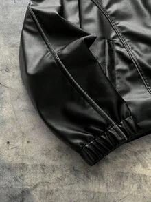 AXEPEAK 加大码男士几何印花PU皮革拉链长袖夹克