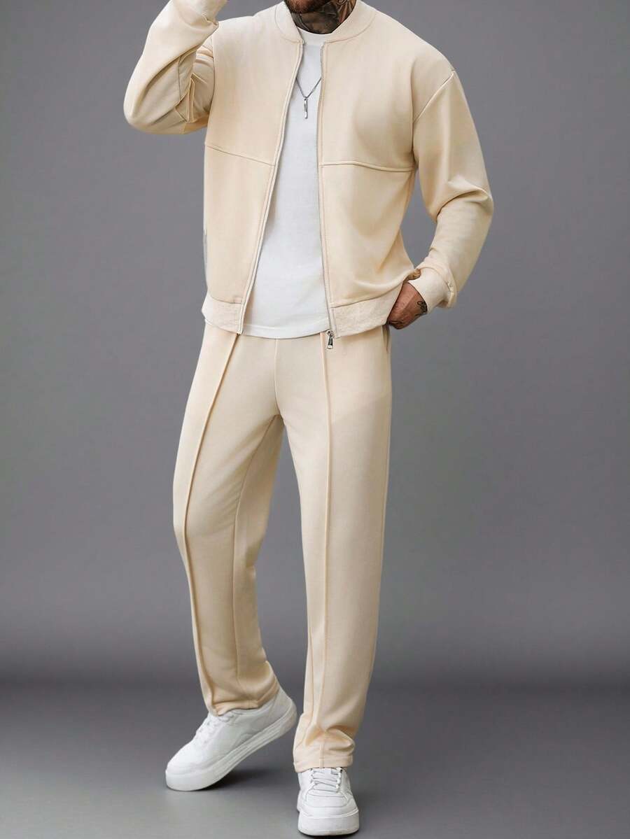 Manfinity Homme 男士休闲纯色外套和裤子套装，秋季男士套装，奶油色男士套装，米色男士套装，Katseye 街头风男士运动套装，香槟色男士休闲套装，复古风格，日常休闲，周末旅行，户外活动，探险旅行，轻松的工作环境或半正式场合，男友/丈夫礼物，周年纪念礼物，圣诞节套装 - 杏色 - 查看 1