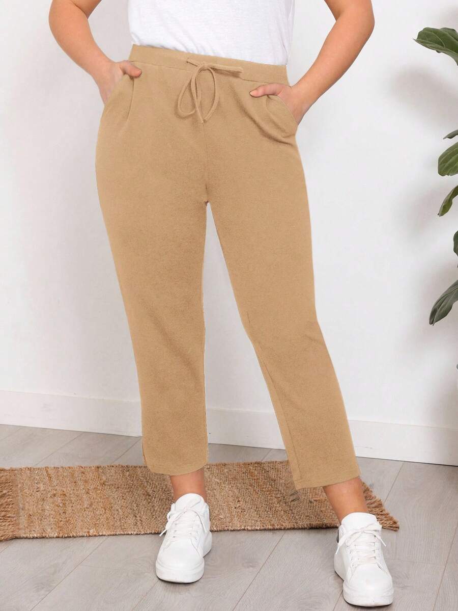 EMERY ROSE Quần lửng ống rộng màu trơn có dây rút, túi eo thông thường dành cho nữ cỡ lớn - màu nâu - Xem 1
