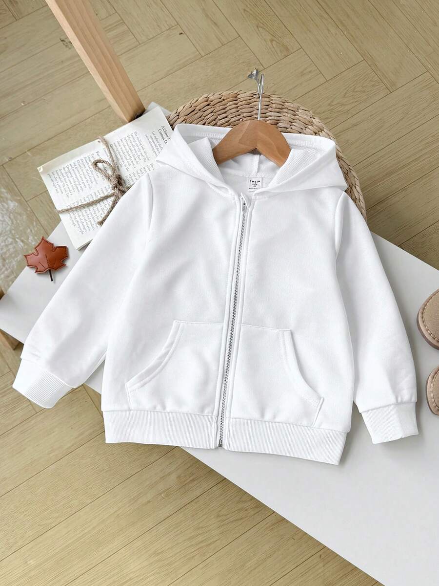SHEIN 年轻女孩休闲百搭百搭连帽拉链夹克,秋冬 - 白色 - 查看 1