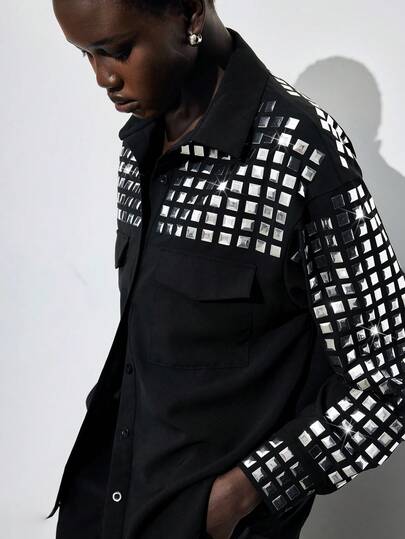 Maija Chemise décontractée à manches longues, à simple boutonnage, avec poche et décoration métallique pour femmes