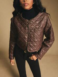 Poéselle Women's Solid Color Long Sleeve Metal Button Front Casual Short Winter Jacket - Brown - View 6