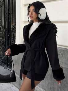 MainGRL 女士时尚优雅黑色毛绒混纺夹克，适合秋冬外出、返校和街头穿着 - 黑色 - 查看 1