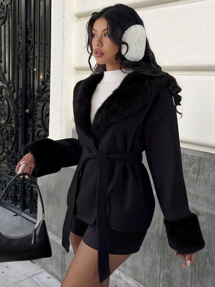 MainGRL 女士时尚优雅黑色毛绒混纺夹克，适合秋冬外出、返校和街头穿着 - 黑色 - 查看 1