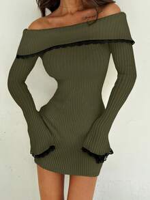Firerie Elegant Sexy White Contrast Lace Patchwork Off Shoulder Flare Sleeve Cinched Waist Mini A-Line Sweater Dress, Autumn/Winter,Fall,Fall Clothes For Women,Women's Winter Clothes - Army Green - View 6