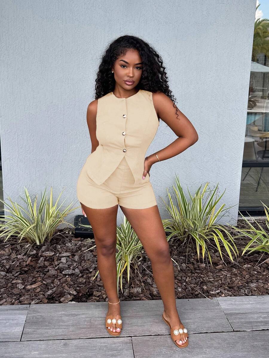 Alexandranx Women Summer Casual Vest & Shorts Suit Set Linen 2 Pieces Set Linen Outfit Linen Set Women Linen Shorts Set Women Linen Set In Fall/Winter - Apricot - View 1
