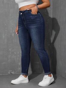 SHEIN ICON Plus Size Fashion Casual Washed Slant Pocket Skinny Jeans - Dark Wash - View 4