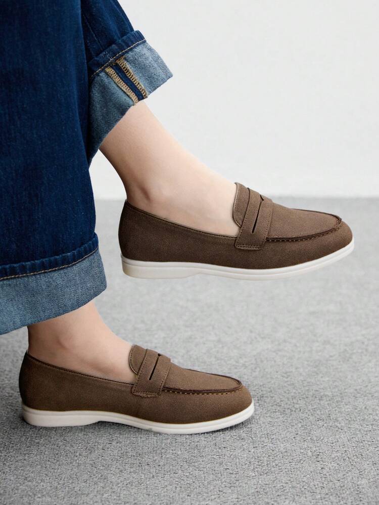 CUCCOO BIZCHIC Women's Comfortable Round Toe Flat Shoes, Fashionable Suede-Like Casual Slip-On Flats, Deep Coffee Color, Suitable For Spring/Summer Daily Commute