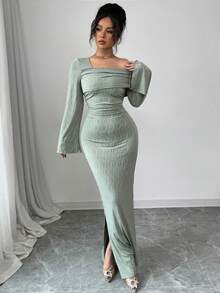 Modelyn 不对称领口褶皱提花纹理长袖修身开衩下摆优雅连衣裙 - 綠色 - 查看 8