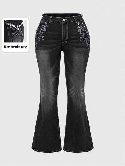 Goth Jeans a zampa di elefante con ricamo di rose viola e pentagrammi, impreziositi da strass, in stile gotico vintage Y2K, per taglie comode, pantaloni di jeans da donna per autunno/inverno, jeans a zampa casual, jeans eleganti e sexy da donna in stile hippie