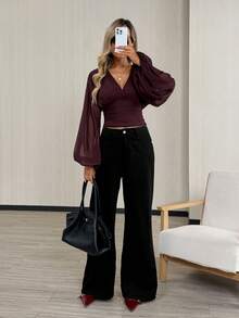 Easowa 复古褶皱灯笼袖抽绳露背蝴蝶结安哥拉红网眼T恤，休闲宽松优雅OL风，秋冬款 - 紅色 - 查看 5