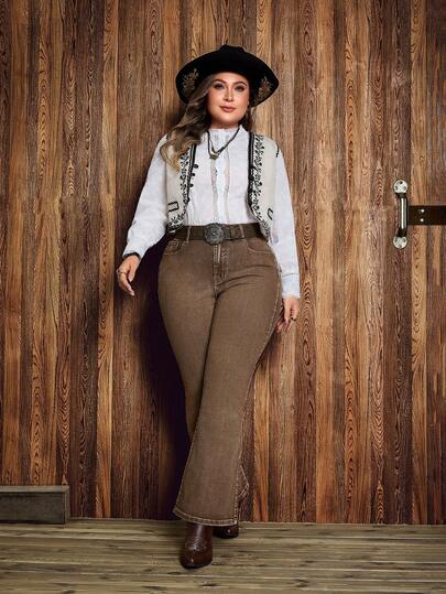 EMERY ROSE Plusstorlekar damjeans i retro vintage-stil med kakifärgade utsvängda detaljer