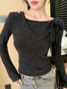 DAZY 女士纯色极简系带长袖T恤，日常穿着 - 黑色 - 查看 7